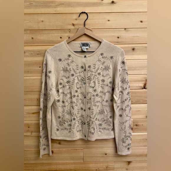 Curio Size Small Wool Silk Blend Floral Embroidered Button Front Cardigan - Picture 1 of 13